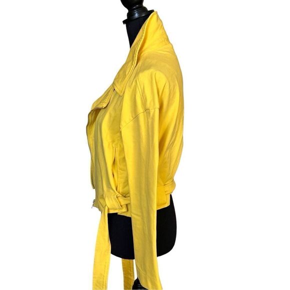 Forever 21 Yellow Cropped Moto Jacket With Accent Zippers and Belted Waist Sz Me - Picture 7 of 9
